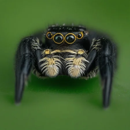 jumping spider, black and yellow, sitting on a green leaf, looking at the viewer