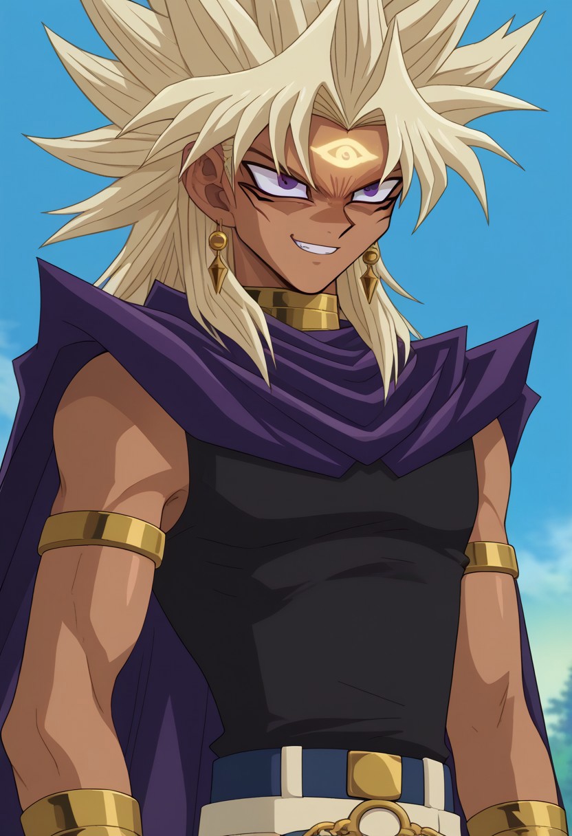 score_9, score_7_up, source_anime
marikuish, 1boy, male focus, solo, yami marik, dark skin, dark-skinned male, purple eyes, blonde hair, long hair, spiked hair, jewerly, earrings, neck ring, armlet, shirt, black shirt, sleeveless, cape, purple cape, forehead mark, eye of horus, evil grin
outdoor,