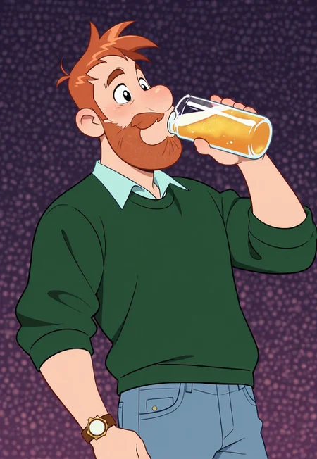 masterpiece, best quality, amazing quality, detailed background, intricate details, dynamic, cinematic, cartoon, anime, cartoon shading, solo, male focus, source_anime,high resolution, newest, depth of field, bara, yaoi, perfect face, 1boy, p3te, ginger hair, black eyes, beard, dark green sweater, light blue collared shirt, wristwatch, jeans, dark navy shoes, rootbeer, drinking, purple background, abstract background, dutch angle