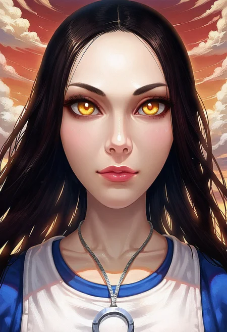 SCORE_9, SOURCE_realism, SOLO, 1GIRL, PORTRAIT, CLOSE UP, FRONT VIEW, ALICE LIDDELL, BLACK HAIR, yellow glowing click eYES, DRESS, APRON, NECKLACE, RED SKY, CLOUDS,