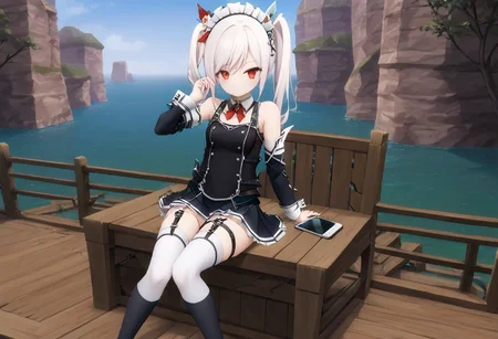 Masterpiece, best quality, ultra HD, source game,1 girl ,white long hair,slender body,smooth skin,side ponytail hair, explicits shoulders, swept bangs,very short maid skirt, android phone, stylish tanktop, detailed armpit,sexy pose, show vulgar medium round breast,her,thigh high sock,sit down,on chair,cross her legs, bossy attitude, detailed eye, symbol eye, village near sea background , detailed background ,cool aura surronded her