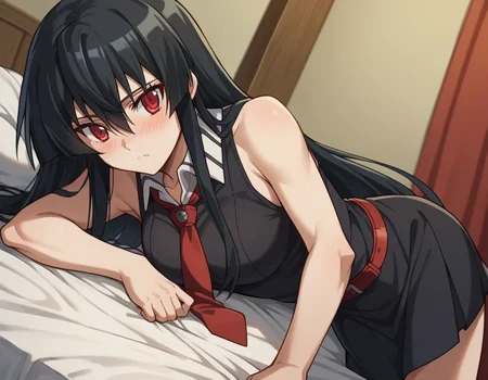 score_9, score_8_up, score_7_up, source_anime,
agkakame, <lora:agk-akame-s1-ponyxl-lora-nochekaiser:1>,
akame, long hair, black hair, red eyes, hair between eyes,
skirt, dress, necktie, sleeveless, belt, shirt, black shirt, collared shirt, red necktie, black skirt,
indoors, bed, bed room, on side, blush, drunk,
cowboy shot, solo, dutch angle, looking at viewer,