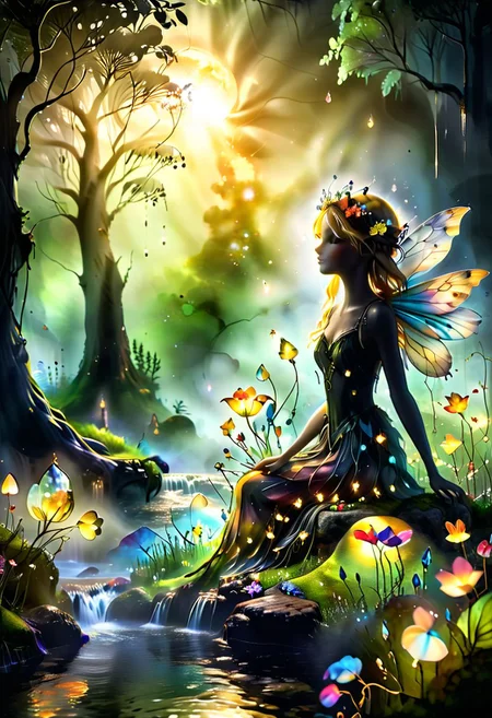 A vibrant and enchanting close up head shot photo of a silhouette of a cute and happy young fairy girl with freckles and flowing blonde hair and a flower crown with transparent crystal sparkling wings, sitting on a foggy riverbank by a waterfall in a dark eerie misty magical forest on the summer solstice. shallow depth of field, realistic, skin pores, imperfections. She is looking at friendly bioluminescent fairies, fireflies and woodland creatures, with the sun setting in the background, casting a golden glow over the scene. The lush greenery and colorful white flowers make the image lively and captivating, perfect for celebrating a summer birthday. Extremely detailed, intricate, whimsical, magical, mysterious, mesmerising, alcohol inks, reflections