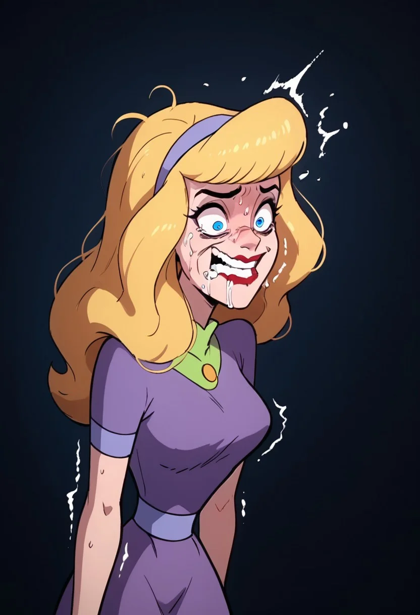 score_9, score_8_up, score_7_up, score_6_up, score_5_up,daphne, daphne blake,1girl,arching back,, licking, hysterics, hysterical laugh, crazy, mad, profile, on profile, middle breasts, seeing stars, dizzy eyes,confused, sny, blue eyes, orange long hair, one eye higher than another, twisted mouth, messed hair, messy hair, destroyed face, destroyed body, awful skin face,  long hair, makeup, lipstick, young, skinny, narrow waist, fragile, sexy, perfect body,dynamic pose, posing,  wounds, hit herself,  selfharm, self harm, wounds on face, wounds on body, extreme amount of wounds, wounds everywhere, tired, tired af, extremely tired, tired eyes, huge amount of tireness, absolutely tired, wants to die, almost die, eternally tired, pain, feeling pain, feeling strong pain, powerless, extremely tired eyes, bags under eyes, shiners, stupid, dumb, extremely stupid, extremely dumb, no brain, brain damage, stupid blonde, extremely stupid blonde,  blue eyes, eye twitching, nervous eye twitching, extremely hard eye twitching, totally burnt hair, sexy, horny, scared, in love, extremely dirty dress, hardly beaten fifty times, confused, deeply humiliated face, depressed face