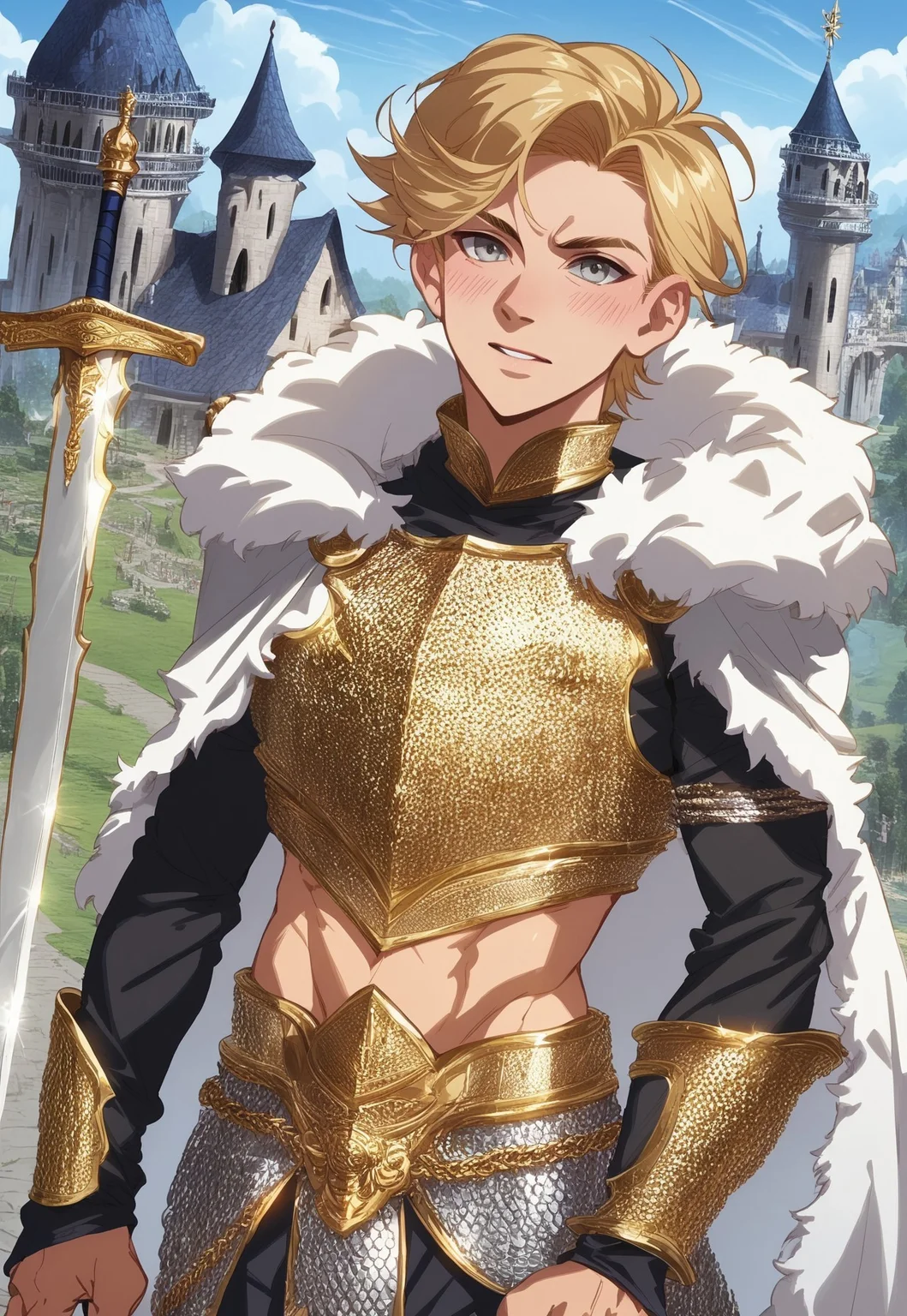 score_9, score_8_up, score_7_up, score_6_up, score_5_up, score_4_up, rating_safe, absurdres, intricate details, masterpiece, best quality, expressiveh, anma, source_anime, screencap, high quality cg, pmg style, male, adult, human, knight, olive skin, handsome, silver eyes, short hair, spikey hair, gold hair, gold chainmail armor, fur cape, sword, outdoors, medieval castle, dynamic angle