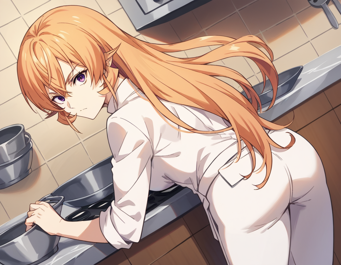 score_9, score_8_up, score_7_up, source_anime,
erinanakiri, <lora:erina-nakiri-s1-ponyxl-lora-nochekaiser:1>,
erina nakiri, long hair, orange hair, purple eyes, hair between eyes,
pants, white pants, chef, long sleeves, sleeves rolled up,
indoors, kitchen, bent over,
looking at viewer, cowboy shot, dutch angle, solo,