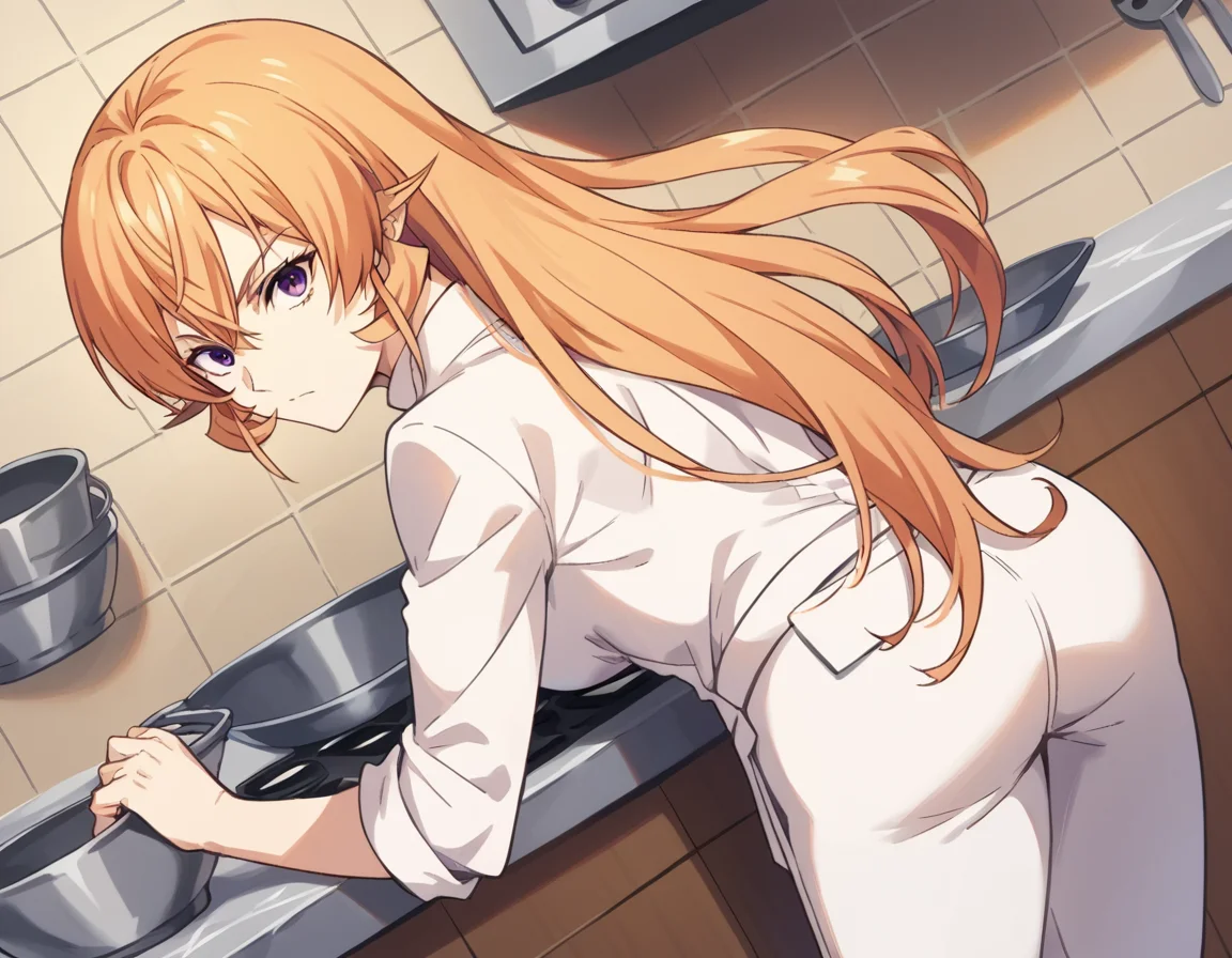 score_9, score_8_up, score_7_up, source_anime,
erinanakiri, <lora:erina-nakiri-s1-ponyxl-lora-nochekaiser:1>,
erina nakiri, long hair, orange hair, purple eyes, hair between eyes,
pants, white pants, chef, long sleeves, sleeves rolled up,
indoors, kitchen, bent over,
looking at viewer, cowboy shot, dutch angle, solo,