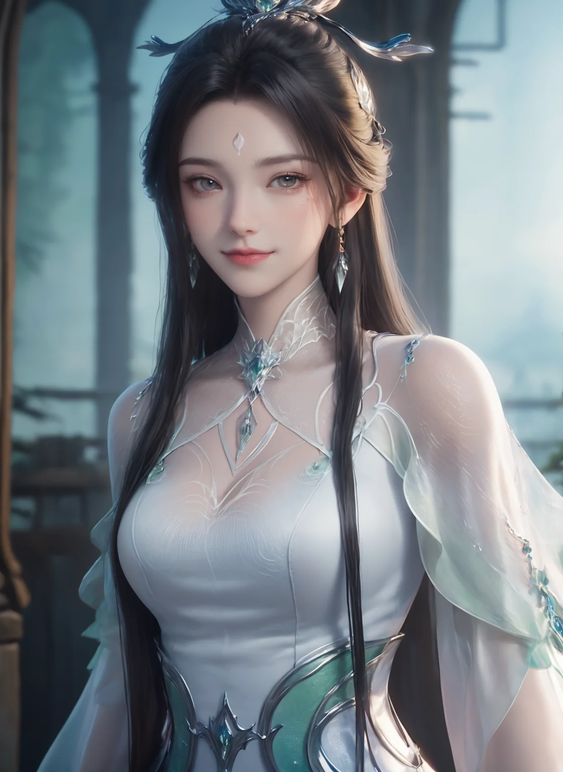 (cowboy_shot:1.4),ultra realistic 8k cg,picture-perfect face,flawless,clean,masterpiece,professional artwork,famous artwork,cinematic lighting,cinematic bloom,perfect face,beautiful face,beautiful eyes,fantasy,dreamlike,unreal,science fiction,absurdly long hair,very long hair,(rich:1.4),detail,delicate pattern,charming,alluring,seductive,erotic,enchanting,hair ornament,looking at viewer,sexy,charming,alluring,seductive,
<lora:luxueqi_V1-000008:1>,1girl,black hair,white dress,dress,earrings,facial mark,forehead mark,green dress,hair bun,hair ornament,jewelry,long hair,single hair bun,solo,weapon,smile,