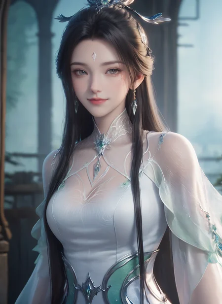 (cowboy_shot:1.4),ultra realistic 8k cg,picture-perfect face,flawless,clean,masterpiece,professional artwork,famous artwork,cinematic lighting,cinematic bloom,perfect face,beautiful face,beautiful eyes,fantasy,dreamlike,unreal,science fiction,absurdly long hair,very long hair,(rich:1.4),detail,delicate pattern,charming,alluring,seductive,erotic,enchanting,hair ornament,looking at viewer,sexy,charming,alluring,seductive,
<lora:luxueqi_V1-000008:1>,1girl,black hair,white dress,dress,earrings,facial mark,forehead mark,green dress,hair bun,hair ornament,jewelry,long hair,single hair bun,solo,weapon,smile,