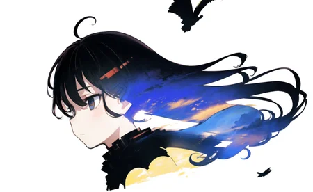 (masterpiece), (best quality),1girls,upper body,(double exposure on hair:1.3),(simple background:1.2), <lora:2337MixDLC2ForFishMix_v11:0.5>, (cinematic angle),(dynamic angle),long hair