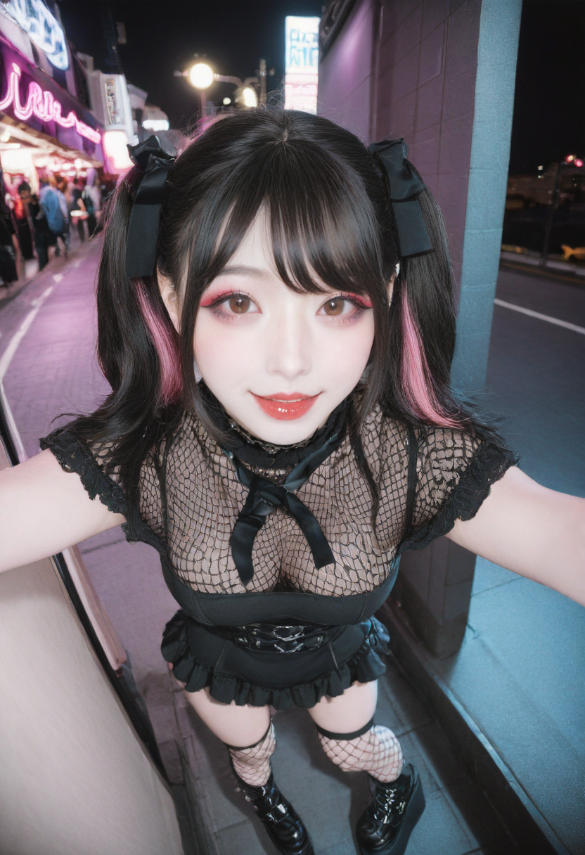 realistic,photorealistic,cosplay photo,photo,masterpiece,best quality,newest,absurdres,highres, 1girl,a woman,japanese girl, jirai kei, cute face, realistic skin, (pores:1.2), (tareme:1.3), (round face:1.1), under eyes, brown eyes, highly detailed eyes, twintails, black hair with pink highlights, eyeliner, detailed skin, natural makeup, face focus, parted lips, smile, narrow waist, medium breasts, Gothic-inspired fashion with frilly black dresses, fishnet stockings, platform boots, accessories featuring chains and crosses, standing, sex, against wall, pov sex, looking at viewer, outdoors, at night, night, shinjuku, street, movie theater, 
 <lora:noobReal-V1:0.7> <lora:noobXL-realistic-V1.6:0.7>, <lora:spo_sdxl_10ep_4k-data_lora_webui:0.7>