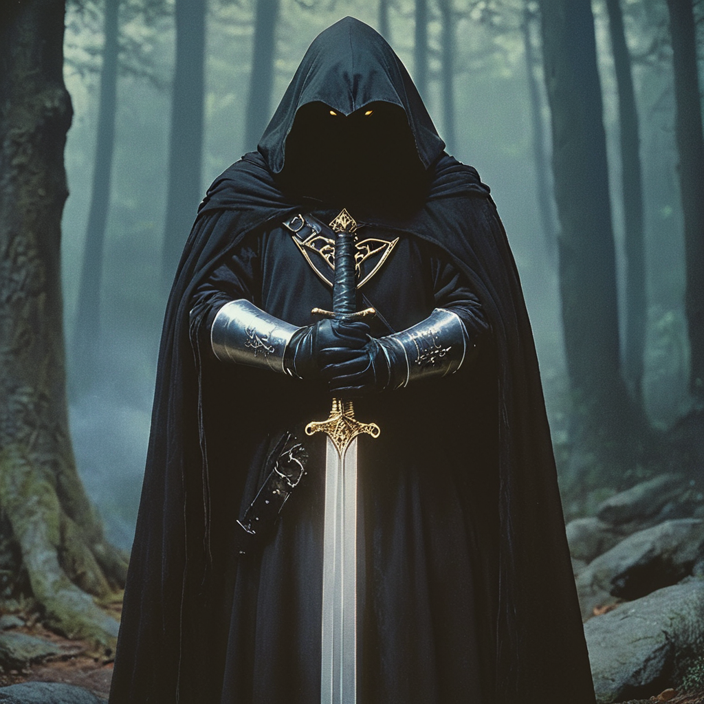 <lora:80sFantasyMovieSDXL2:1> ArsMovieStill, 80s Fantasy Movie Still, The image shows a person dressed in a dark and eerie outfit standing in a forest. The person is wearing a long black cloak with a hood that covers their head and shoulders. They are holding a large sword in their right hand and their left hand is resting on their hip. The sword is long and pointed with a golden hilt and a silver blade. The background is filled with trees and rocks and there is a hint of smoke or fog in the air. The overall mood of the image is dark and foreboding., weapon, sword, solo, cloak, armor, hood, holding, hood up, gauntlets, holding weapon