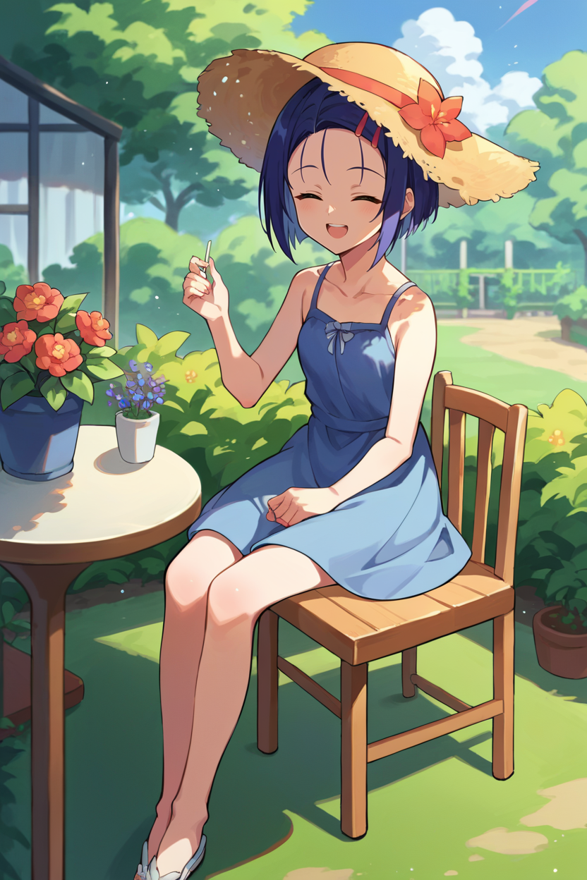 score_9, score_8_up, score_7_up, score_6_up, source_anime BREAK 1girl, solo  <lora:tlrharuna-pdxl-nvwls-v1-000005:1> tlrharuna, medium hair, hairclip, straw hat, blue sundress, sitting, garden, closed eyes, happy, table, chair