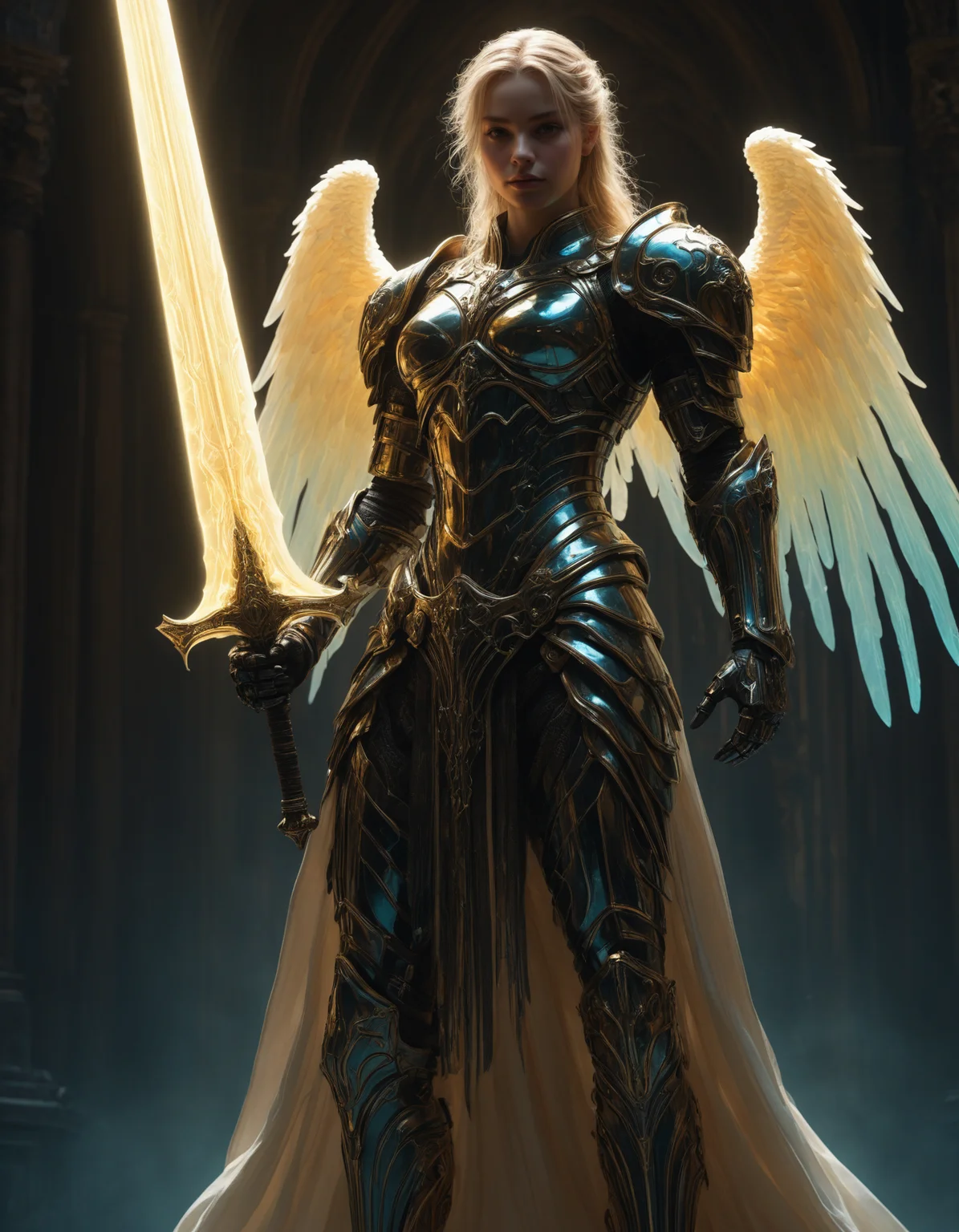 artiangel, full body view, (angelic, gothic, glowing, translucent, bioluminescent, imposing, ethereal, armored:1.5), holding a huge glowing sword, poster art, bold lines, hyper detailed, expressive, award winning, (movie still:1.4), (professional, finest details, masterpiece, best quality:1.5), looking at viewer, dynamic pose, wide angle view
<lora:artiangel:0.5>