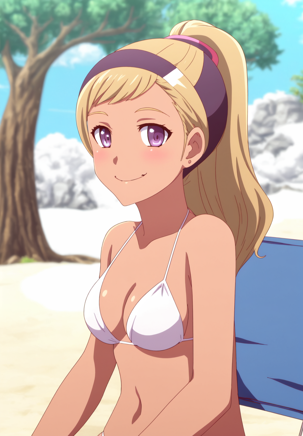 <lora:Quitterie_Raffaeli:0.8>, Quitterie_Raffaeli, 1girl, solo, breasts, looking at viewer, blush, smile, cleavage, medium breasts, closed mouth, swimsuit, upper body, ponytail, bikini, outdoors, sky, day, cloud, star (symbol), blurry, tree, white bikini, chair, tan,