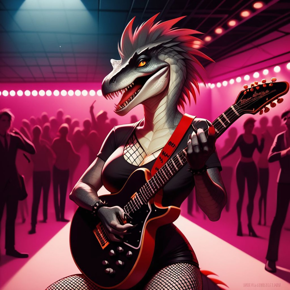 score_9, score_8_up, score_7_up, score_6_up, score_5_up, score_4_up, source_furry, BREAK
1girl, anthro, punk rock velociraptor female, sweaty scales, fishnet stockings, large breasts, ripped band tshirt, piercings, torn band tshirt, (playing electric guitar:1.6), singing, upper body focus, BREAK
music stage, dive bar, dark environment, low light, large crowd cheering, indoors, sliding on knees, BREAK
highly detailed, highly detailed lifelike hyper realism style, photorealistic, insanely detailed, depth of field, masterpiece, blurred background