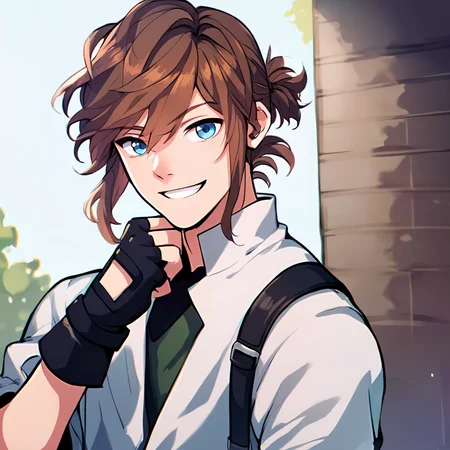 score_9, score_8_up, score_7_up,score_6_up, 1boy,solo, looking at viewer , medium shot,<lora:Arthur-30:0.8> Arthur, blue eyes, medium shot, brown hair <lora:detailed_notrigger:0.8>sleeveless, black gloves, fingerless gloves, grin,
