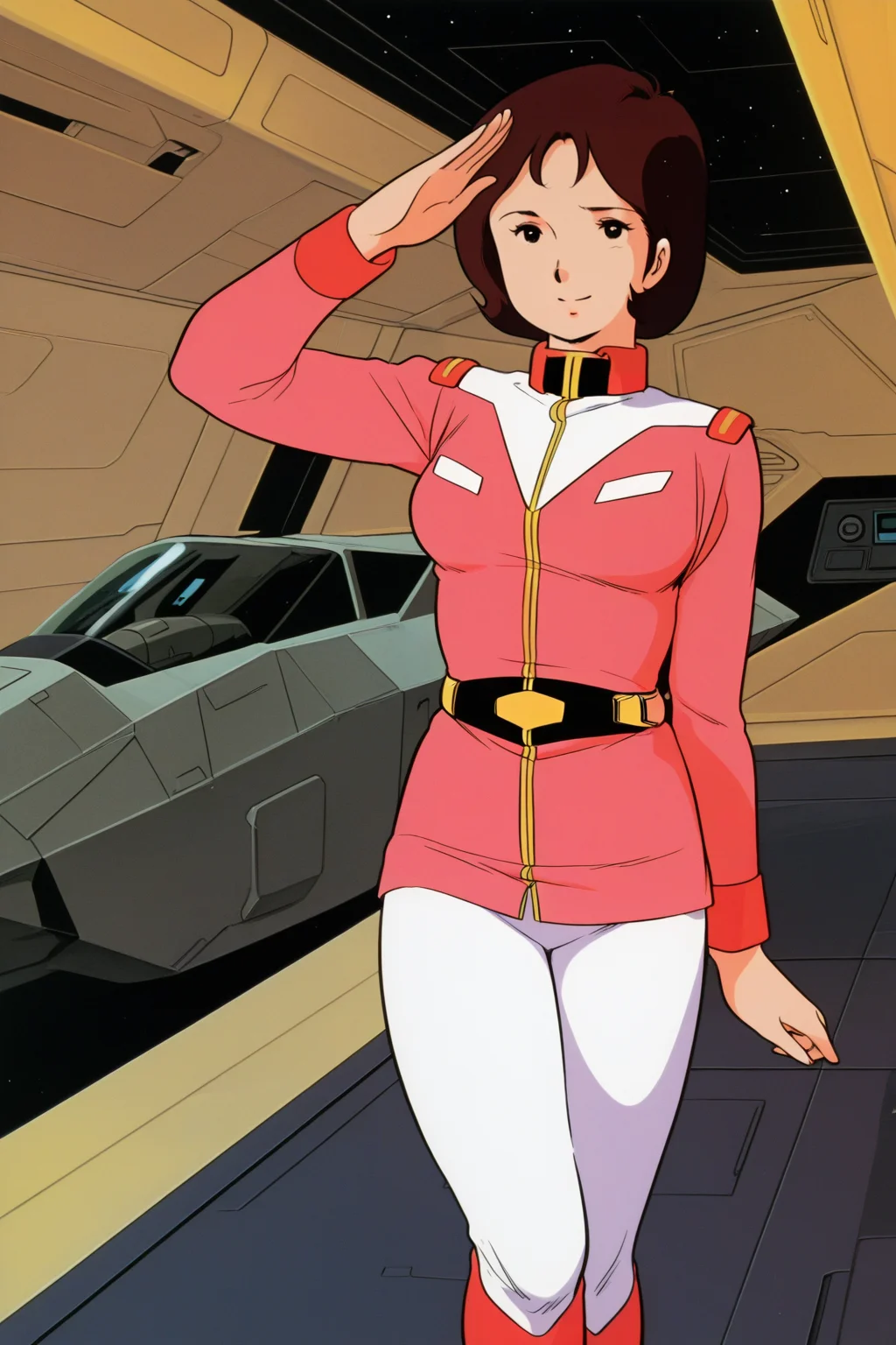 masterpiece, best quality, amazing quality, absurdres, miraiyashima79, brown hair, solo, salute, smile, looking at viewer, pink military uniform, white pants, red boots, large breasts, indoors, spacecraft, science fiction, retro artstyle