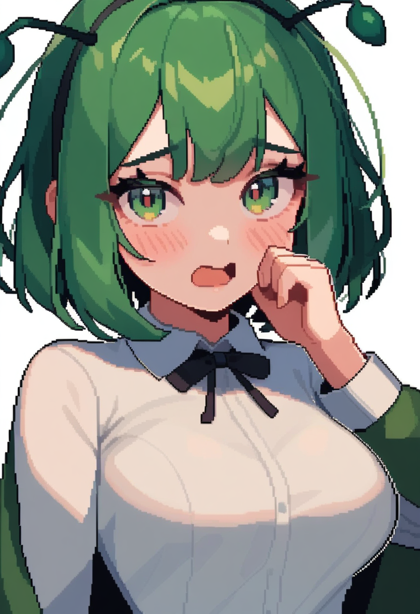 masterpiece,best quality,very aesthetic,absurdres,<lora:pixel_art_v2:1>,1girl, antennae, blush, cloak, collared_shirt, commentary, green_eyes, green_hair, looking_at_viewer, open_mouth, pixel_art, shirt, short_hair, simple_background, solo, upper_body, white_background, white_shirt, wriggle_nightbug
