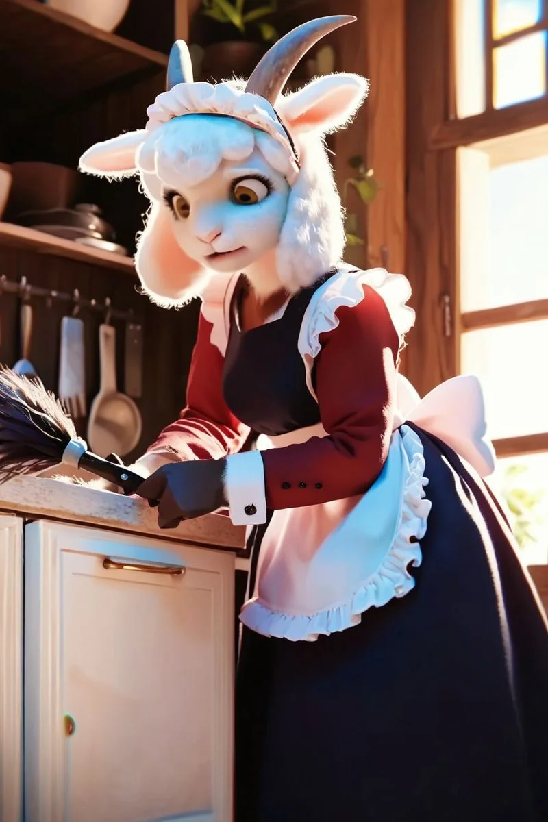 score_9,score_8,score_7,
goat, goat girl, furry, furry female, official art, official style,
<lora:Mother_Goat_My_Little_Goat_short:1> mother_goat_mlg, maid,
maid outfit,
skirt,
stockings,
white stockings,
featherduster,
cleaning,
bonnet,
headwear,
kitchen,