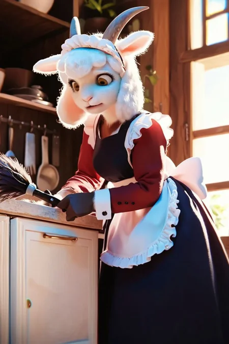 score_9,score_8,score_7,
goat, goat girl, furry, furry female, official art, official style,
<lora:Mother_Goat_My_Little_Goat_short:1> mother_goat_mlg, maid,
maid outfit,
skirt,
stockings,
white stockings,
featherduster,
cleaning,
bonnet,
headwear,
kitchen,