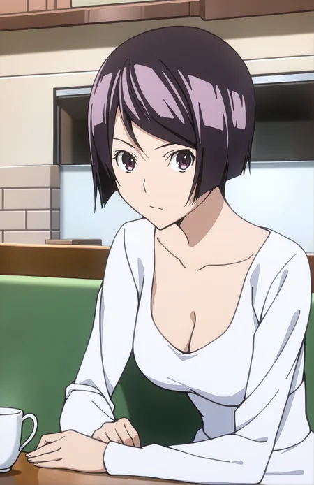 IwaseAiko. 1girl, short hair, purple eyes, white dress, cleavage, long sleeves, cafe, sitting, looking at viewer, face focus,