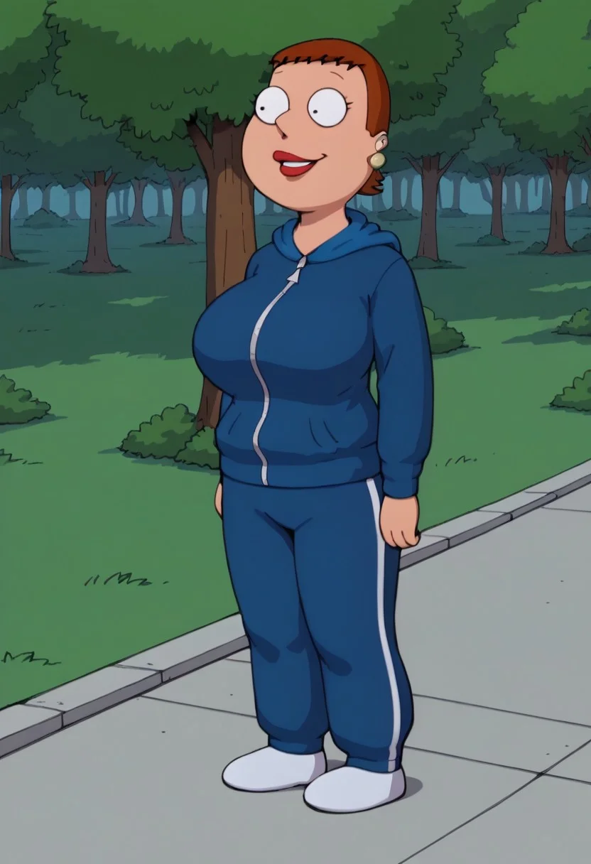 score_9_up, score_8_up, BREAK, high quality, Jennifer, 1girl, solo, brown hair, short hair, black eyes, derp eyes, lipstick, earrings, huge breasts, hips, thighs, hoodie, pants, white footwear, outdoors, forest