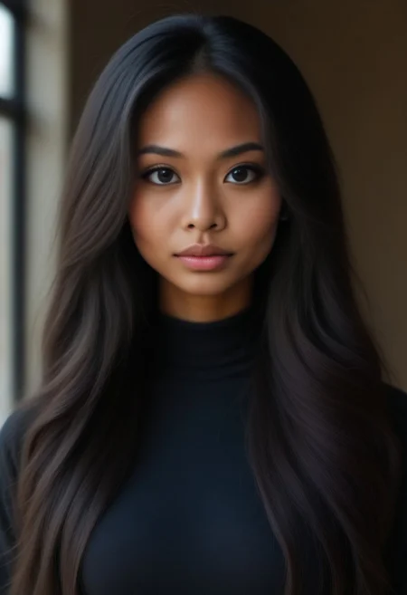 Cambodian woman, asian features, long hair, huge boobs, small waist, fitness body, toned muscle, wide hips, An extreme photorealistic upper body shot of a cat girl with mesmerizing golden eyes and slit pupils. She has long, flowing two-tone hair, white and black, with striking, unrealistic beauty. Her pink lips curve slightly to reveal sharp fangs, and her long fingernails are a key feature of her sleek cat suit. Include tiny imperfections like pores, faint freckles, and slight skin texture variations to add realism. Realistic lip texture with soft lines, slight gloss, and natural color variation. Realistically detailed tear ducts, slightly moist, enhancing the natural appearance of the eyes. Faint, barely visible veins under the eyes, adding depth and authenticity to the skin. Individually rendered eyebrow hairs with natural variation in direction, length, and thickness. Variation in hair strand thickness, with some thinner and finer than others. Detailed texture on the cat suit, showing the weave or material pattern, such as leather, spandex, or velvet. Shadows that move with the character, responding to her position and the light source accurately, 28 YEARS OLD, wrinkles, cat girl, crystal, gem, sparkle, YELLOW EYES, CAT EYES, denise, catgirl, Gothic castle, lively, luminescent, Majestic castle, big eyes.