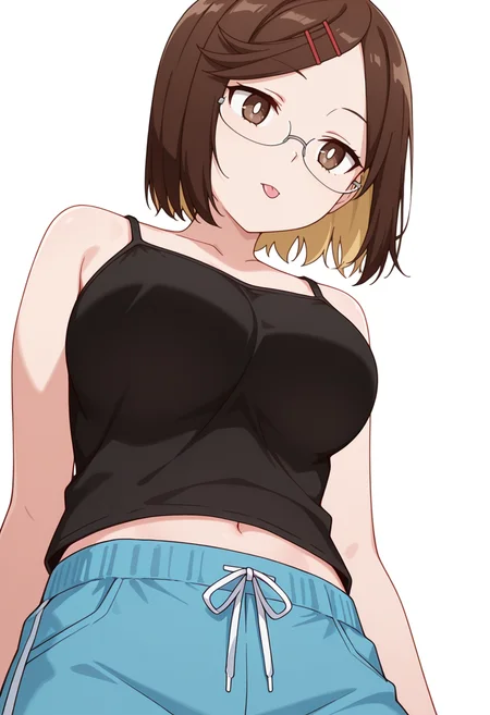 masterpiece,high quality details, absurdres,
<lora:Konoha_Koga:0.8> koga_cnr, 1girl, brown hair, short hair, brown eyes, blonde hair, two-tone hair, large breasts, semi-rimless eyewear,hairclip,expressionless,
koga_s2, 1girl, black camisole, tank top,blue shorts,, simple background, white background, from below,solo,, :p,