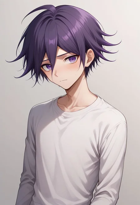 score_9, score_8_up, source_anime, highly detailed, 1boy, solo, skinny, cute, short,
kokichi, male focus, 1boy, solo, purple eyes, bangs, purple hair, upper body, gakuran, shy,
indoor,