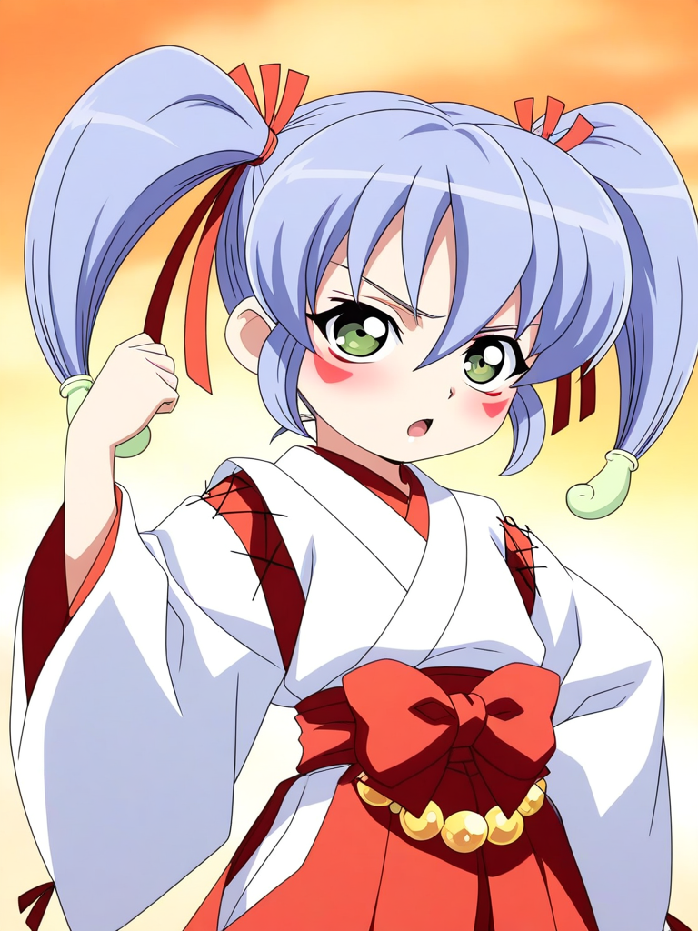 general,highres, ultra-detailed,very aesthetic,best quality ,best hands, BREAK <lora:Nazuna_Onmyou_Taisenki_Ver2.0_IS:1>
Nazuna, 1girl, solo, blue hair, short hair, red ribbon, hair ribbon, short twintails, magatama hair ornament,green eyes,
1girl, solo, japanese clothes, miko, green eyes, red hakama, long hair, skirt, open mouth, hakama, blue hair, blush, hakama skirt, long sleeves, facial mark, golden beads, waist beads,
red triangle facial mark, hair between eyes,white kimono,cross-laced sleeves,long sleeves, wide sleeves, red hakama pants, red layered waist bow,