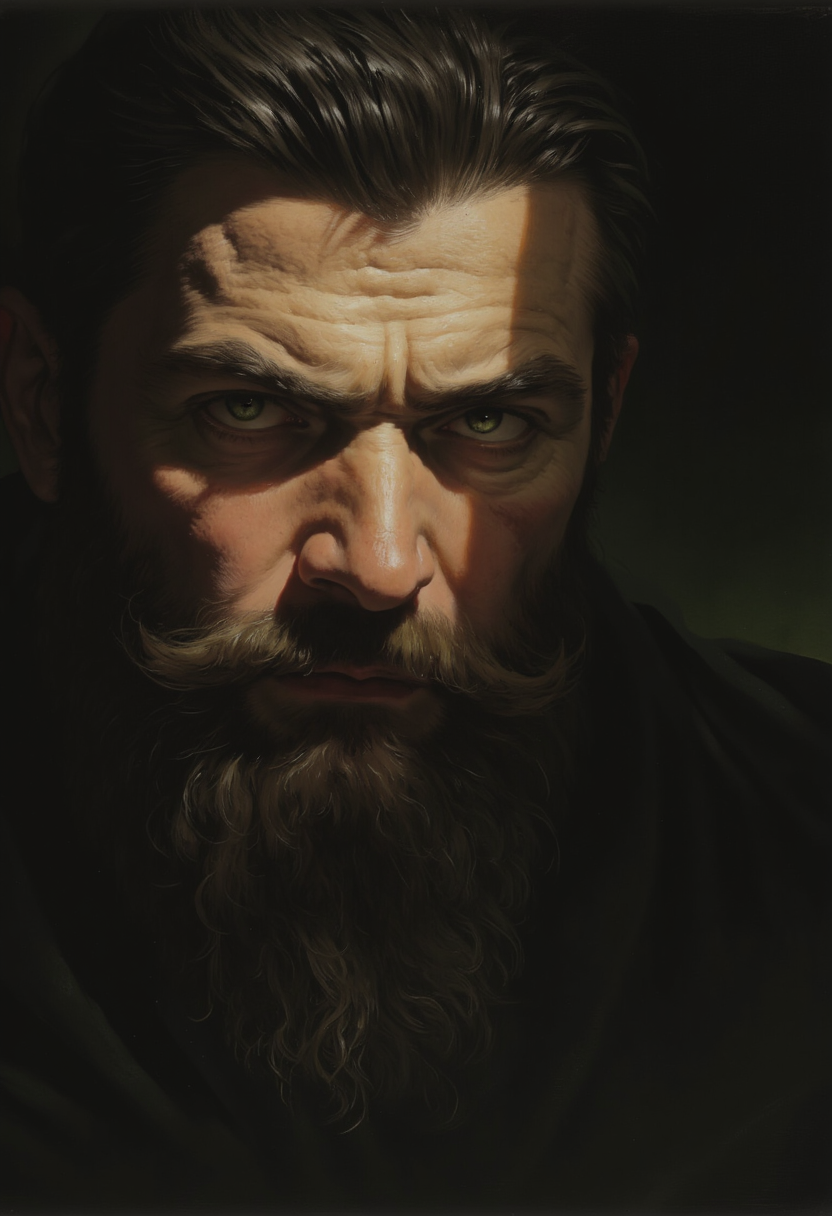 Realistic and highly detailed brooding man with sharp, chiseled features stares intensely out of the shadows. His piercing green eyes lost in the darkness, framed by a rugged beard and neatly groomed hair. His expression is dark and menacing, as if harboring deep secrets. The dim lighting casts half his face in shadow, enhancing the mysterious and foreboding atmosphere around him. The overall mood is intense and dramatic, evoking a sense of quiet, dangerous power.