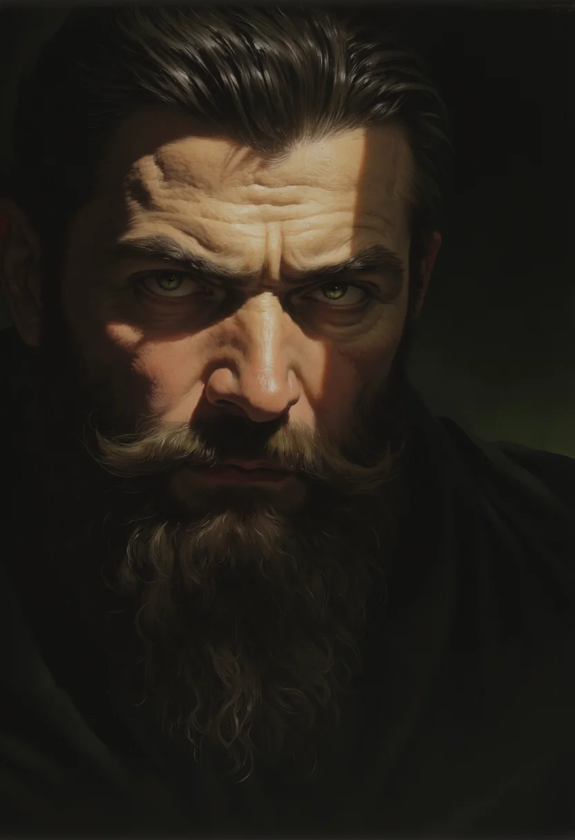 Realistic and highly detailed brooding man with sharp, chiseled features stares intensely out of the shadows. His piercing green eyes lost in the darkness, framed by a rugged beard and neatly groomed hair. His expression is dark and menacing, as if harboring deep secrets. The dim lighting casts half his face in shadow, enhancing the mysterious and foreboding atmosphere around him. The overall mood is intense and dramatic, evoking a sense of quiet, dangerous power.