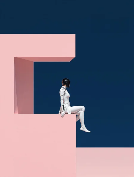 Surreal minimalist digital artwork featuring a female knight in sleek white armor, her face obscured, standing or sitting with her back to the viewer on an L-shaped high ground ledge. She wears a black Roman-style helmet. The composition is sharply divided by a geometric L-shaped split: the left side and the top ledge are soft pastel pink, while the right lower background is a deep navy blue. The ledge forms a clean 90-degree angle, creating a geometric division. The knight sits or stands at the intersection, her body bridging the two color fields — partially in each zone. Clean, minimalist composition with sharp, precise edges and a surreal atmosphere. The contrast in color and structure emphasizes emotional isolation and symbolic duality., unusual composition, use of negative space, (rule of thirds composition), simmetry, mysterious, emotional, flirting, groundbreaking unrivaled opus with unrivaled details, (Chartreuse color scheme),