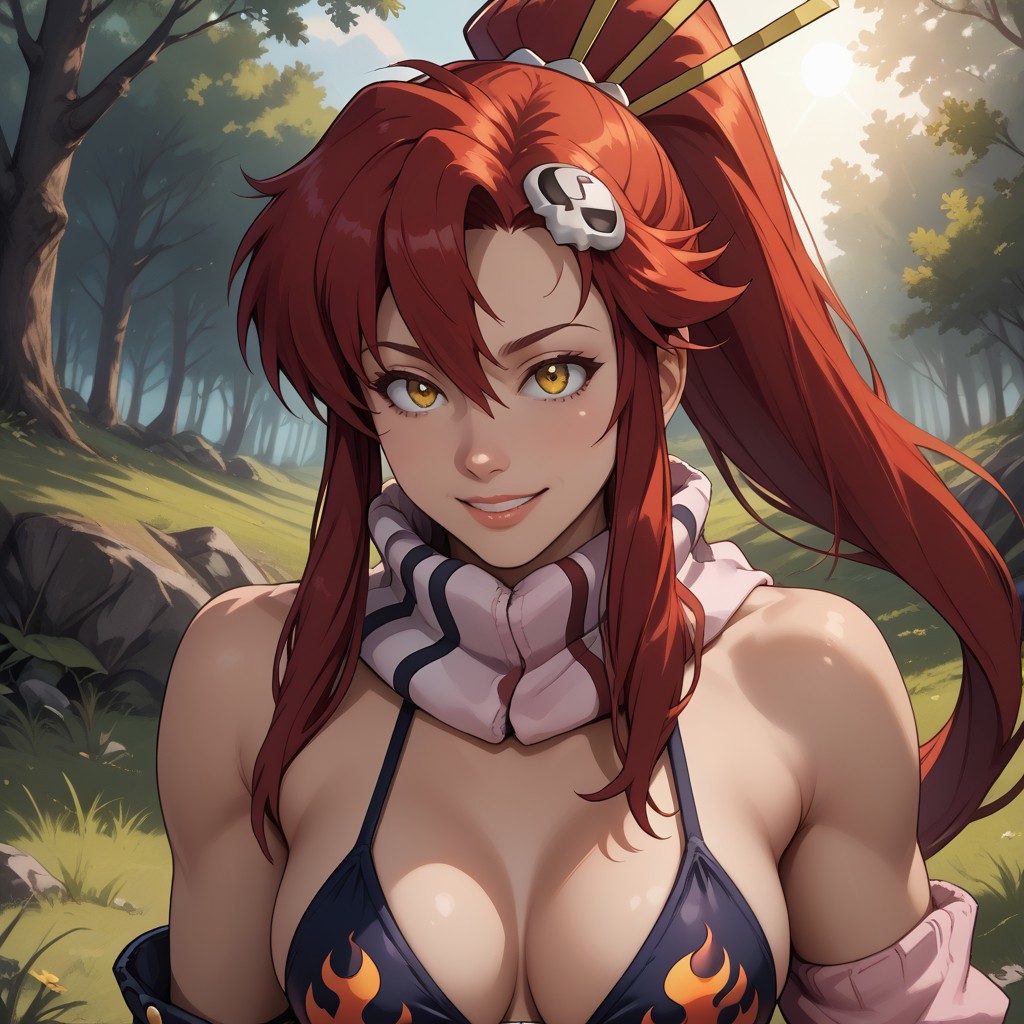 score_9, score_8, BREAK, solo, 1girl, Yoko Littner, red hair, long hair, ponytail, skull hair ornament, yellow eyes, bikini top only, flame print, black short shorts, stripped scarf, belt, asymmetrical gloves, fingerless gloves, pink thighhighs, white footwear, sidelocks, studded bra, sexy pose, self portrait, smile, outdoors, sunlight, shadows, evening lighting, natural lighting, forest, trees, grass, orange sky, sunset