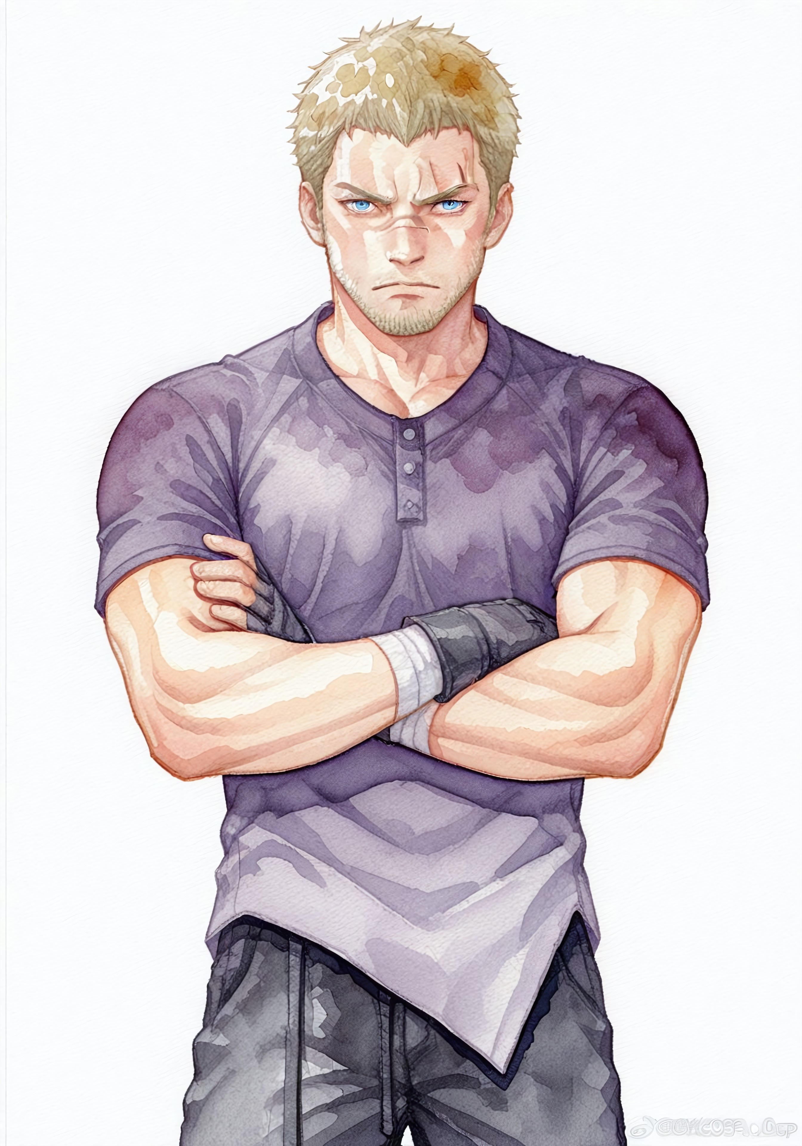 jcksop, 1boy, blue eyes, dirty blonde hair, short hair, facial hair, stubble, beard, scar on nose, muscular male, shirt, dark purple shirt, pants, black pants, gloves, fingerless gloves, black gloves, bandages, (watercolor:2.5),

masterpiece, best quality, high resolution,

(white background), serious, looking at viewer, crossed arms, upper body,