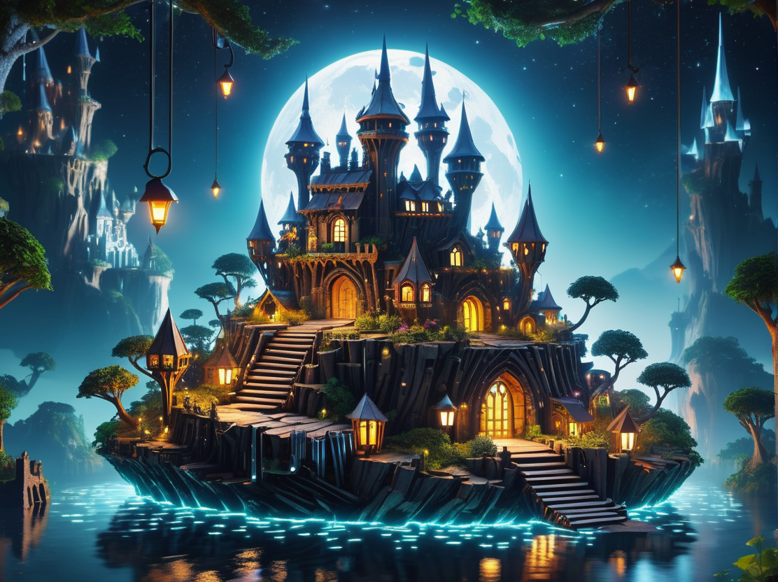 hyper detailed masterpiece, dynamic, awesome quality,DonMCr0wB4rXL magical floating island citadel, composite materials, in-ground well lights,string lights (fairy lights), laser lights, made of crowbars <lora:DonMCr0wB4rXL-000008:1>