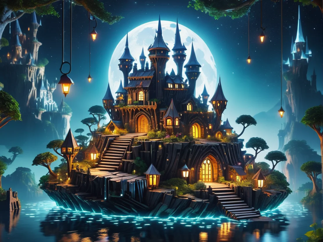 hyper detailed masterpiece, dynamic, awesome quality,DonMCr0wB4rXL magical floating island citadel, composite materials, in-ground well lights,string lights (fairy lights), laser lights, made of crowbars <lora:DonMCr0wB4rXL-000008:1>