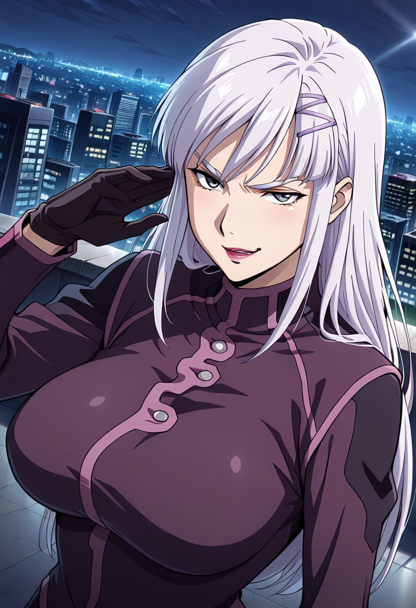 ((masterpiece, absurdres)), best quality, amazing quality, newest, 4k, anime coloring, very aesthetic, ray tracing, Smooth Quality, CG, source_anime, nora polyansky,1 mature female, grey eyes, white long hair, hairclip,purple  military uniform,gloves,city view, street view,evil smirking
