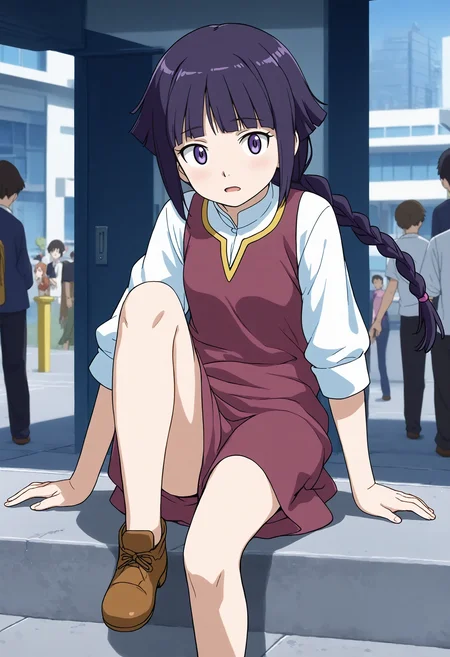 <lora:Hyper-SDXL-8steps-lora:1> <lora:Fixhands_anime_bdsqlsz_V1:1> zPDXL2, score_9, score_8_up, score_7_up, source_anime, intricate details, perfect anatomy BREAK
outdoors, city, tokyo, japan, audience, crowd, playing instrument, sitting , one outstretched leg, musical note, Confused, Wide-open eyes, a slightly furrowed brow, and a slightly open mouth., 1girl, solo, solo focus,
<lora:GAGE-yurin_leciel_XL(pony)v10:1> GAGE-yurin, purple hair, long single braid, purple eyes, GAGE-yurin outfit, purple dress, white sleeves, sleeves rolled up, purple skirt, brown shoes,