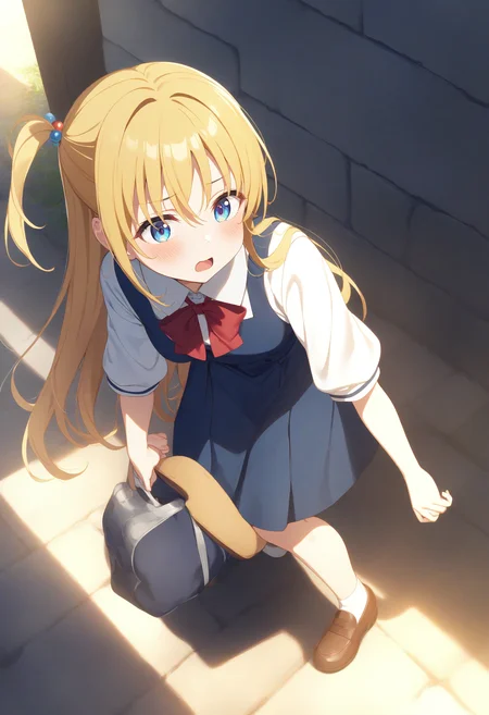 1girl,sincos, ningen mame, toosaka asagi,solo,medium breasts,school uniform,
adjusting footwear,adjusting clothes,putting on shoes,shoes,<lora:adjustingfootwear_XL_v1:0.8>
from above, full body, looking ahead, blonde hair, silver eyes,furled brow, in old castle ruins terrace, open mouth, side hair,,
best quality, very aesthetic, absurdres
