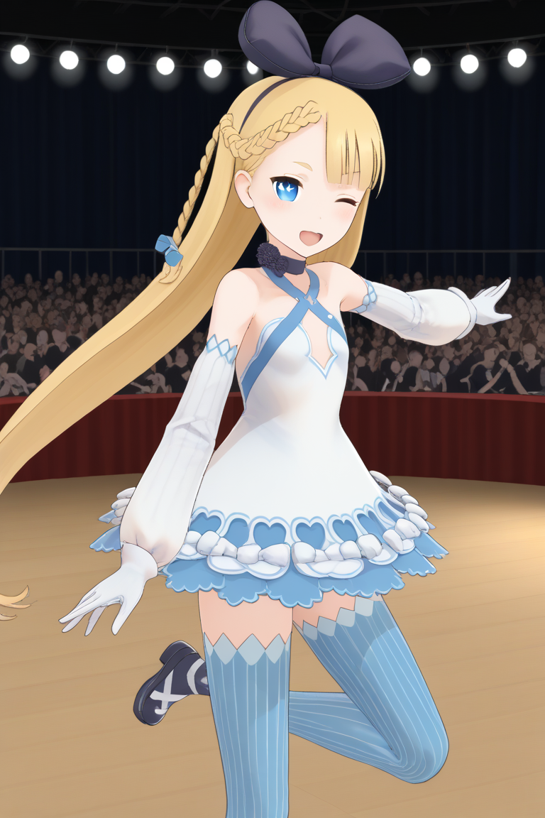 1girl, crowd, aliciasolidnnd, blonde hair, very long hair, braid, hair bow, hairband, blue eyes, symbol-shaped pupils, choker, criss-cross halter, dress, detached sleeves, gloves, vertical-striped thighhighs, standing, open mouth, smile, dancing, stage, concert, audience, cowboy shot, wink, from side, dynamic pose,