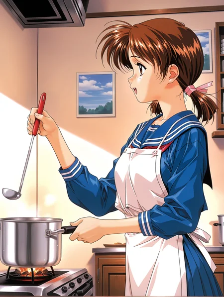masterpiece,best quality,newest,
1girl,solo,
anime screencap,1990s \(style\),retro artstyle,<lora:adachi_taeko_ilxl_v1.0:1>,a_taeko,brown hair,brown eyes,freckles,hair bow,low twintails,
t_clothes,blue serafuku,long_sleeves,blue pleated skirt,
<lora:Fixhands_anime_bdsqlsz_V1:1>,dynamic_angle,cinematic_angle,white apron,holding ladle,simple_background,portrait,:d,indoor,kitchen,profile,cooking,pot,looking ahead,cowboy_shot,
