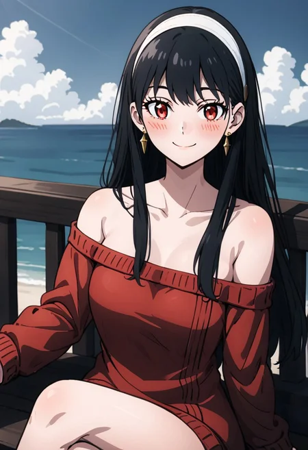 s4yorx ,1girl, solo, red eyes, black hair, hairband, , smile, sitting, red sweater, looking at viewer, crossed legs, sweater, SEA BEACH IN background, off shoulder, off-shoulder sweater, BLUE SKY background, white hairband,, bare shoulders, collarbone, sidelocks, long hair, closed mouth, dress, long sleeves, breasts, sweater dress, , jewelry, earrings, blush, off-shoulder dress