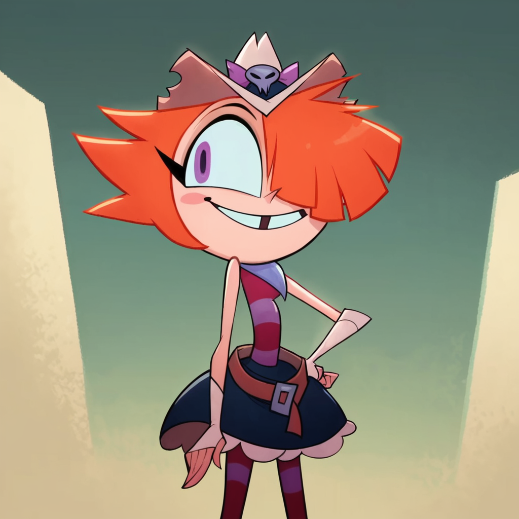 score_9, score_8_up, score_7_up, 1girl, Rawhide, orange hair, short hair, hair over one eye, purple eyes, hat, small breasts, narrow waist, wide hips, looking at viewer, smile, hand on own hip, highres, high quality, masterpiece, <lora:Rawhide:1>