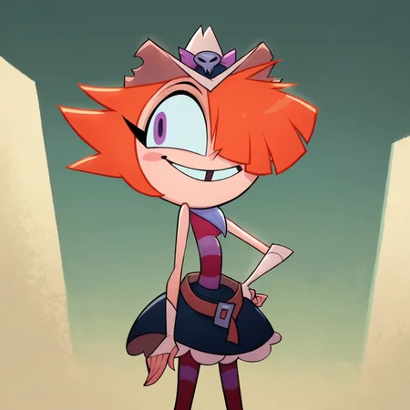 score_9, score_8_up, score_7_up, 1girl, Rawhide, orange hair, short hair, hair over one eye, purple eyes, hat, small breasts, narrow waist, wide hips, looking at viewer, smile, hand on own hip, highres, high quality, masterpiece, <lora:Rawhide:1>