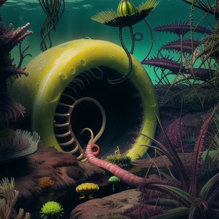 (((realistic))), ((DSLR photo)), ((well lit)), ((yellow rock)), <lora:CosmicLandscapes:0.7>, (((retro))), CosmicLandscapes, (((underwater))), ((algae)) ((thin atmosphere)), ((day light)), a photo of a ((giant worm), ((alien plants)), ((toxic)), ((alien creatures)), ruins, lake, ((worms)),  <lora:theovercomer8sContrastFix_sd15:0.5>,