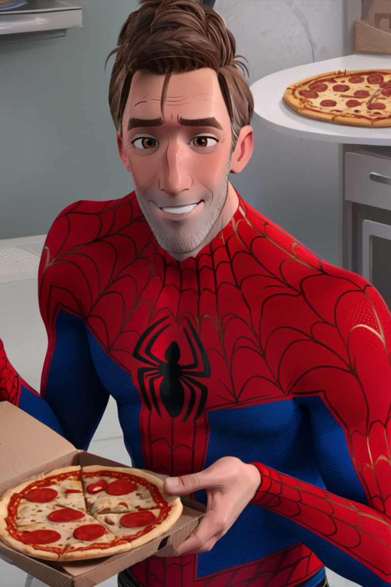 peterbparker, spideysuit, 1boy, solo, male focus, mature male, short hair, brown hair, brown eyes, thick eyebrows, facial hair, stubble, superhero, spider web print, red bodysuit, blue bodysuit, multicolored clothes, looking at viewer, smile, cowboy shot, food, holding pizza, pizza slice, grey pants, simple background <lora:Spider-Man (Peter B. Parker) v1.0 SDXL_LoRA_SDXL:0.85>