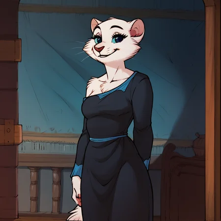 score_9, score_8_up, score_7_up, score_6_up, score_5_up, score_4_up, <lora:Duchessartistrocats:1>,1girl, duchesscat, solo, white fur, blue sclera, whiskers, body fur, anthro, furry female, indoors, wearing black dress, smile, looking at viewer, standing, <lora:fluffkevlar_style_ponyXL_v1:1>