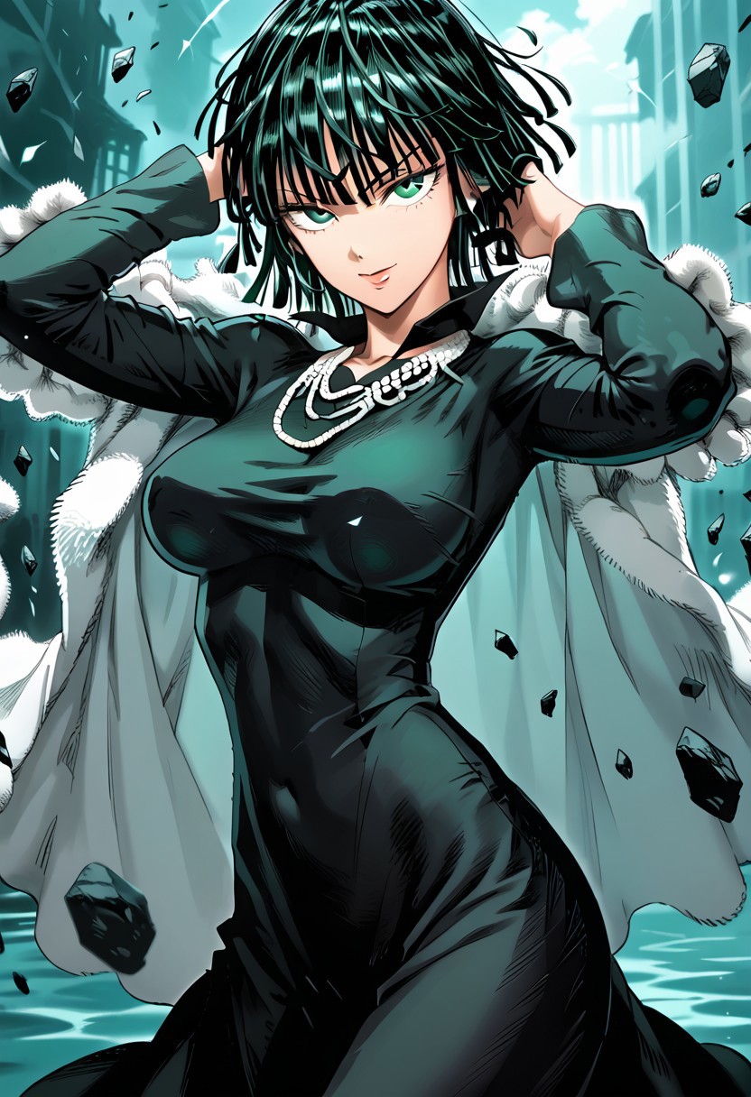 score_9,score_8_up,score_7_up,source_anime, FUBUKI_(ONE_PUNCH_MAN),1girl,solo,breasts,looking at viewer,smile,short hair,large breasts,black hair,long sleeves,dress,jewelry,medium breasts,green eyes,cowboy shot,necklace,black eyes,black dress,arms up,covered navel,